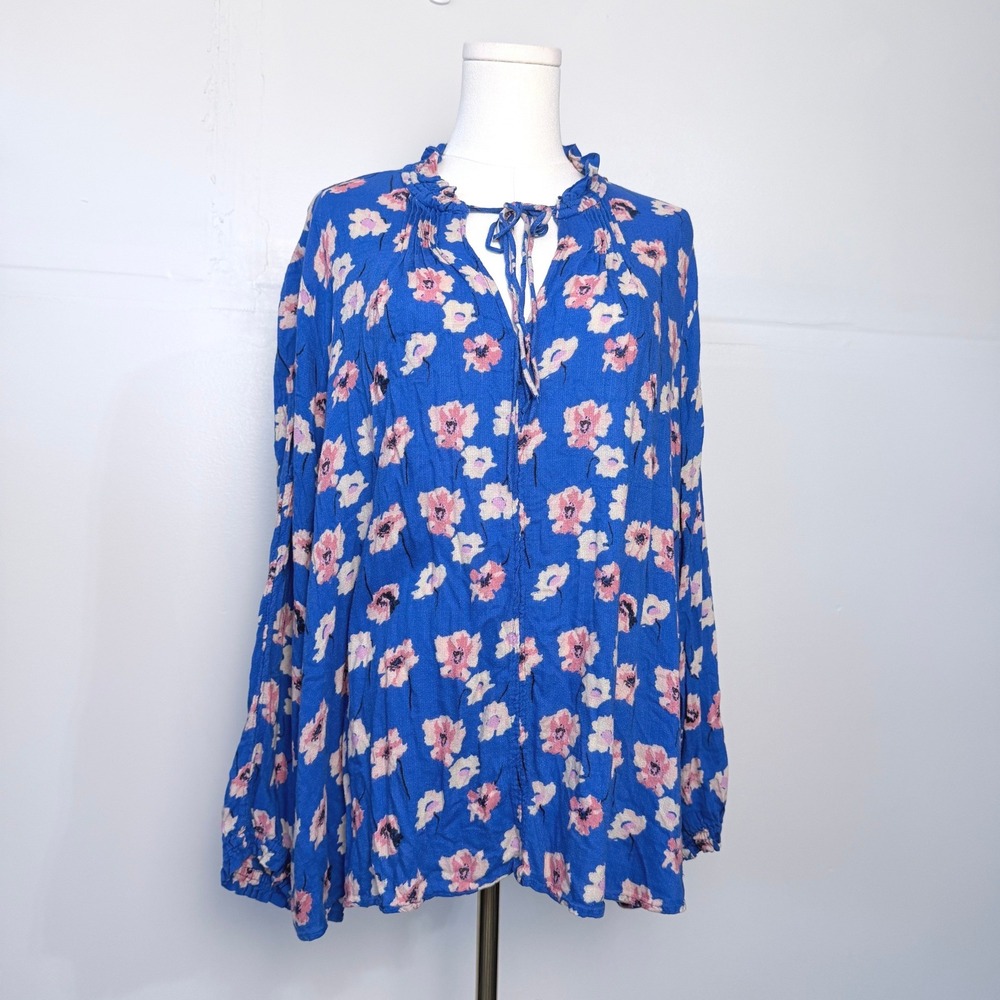 Lucky Brand Blue Floral Peasant Blouse 3X Boho Cold Shoulder Ruffle Tie Neck